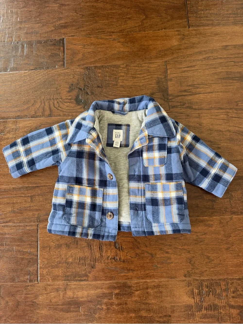GAP Blue and Navy Plaid Baby Shirt Jacket with Yellow Accents